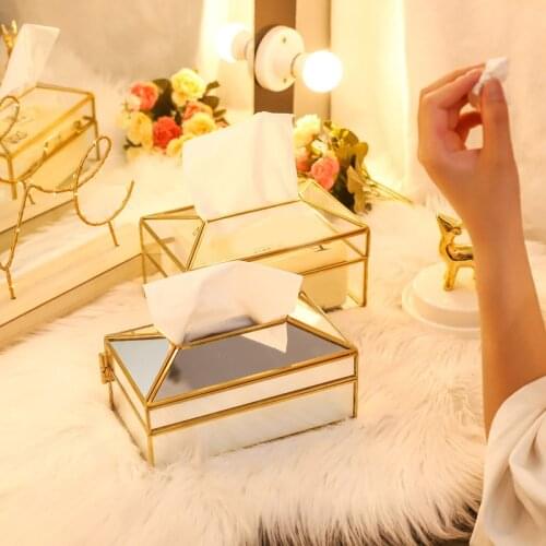 European Gold Glass Luxury Tissue Box Home Living Room Makeup Tissue Storage Box With Mirror Cover Napkin Holder Box-40
