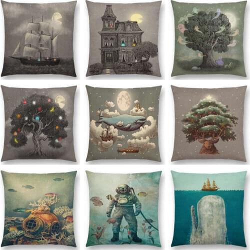 Hot Sale Moon Night Tree Lovely Elf Cute Little Ghost Sailboat Whale Sea Ocean Deer Bear Cushion Home Decor Sofa Throw Pillow