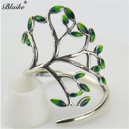 Blaike Silver Color Tree Open Ring Inlay Green Zircon Leaf Rings For Women Party Banquet Jewelry Anniversary Gifts