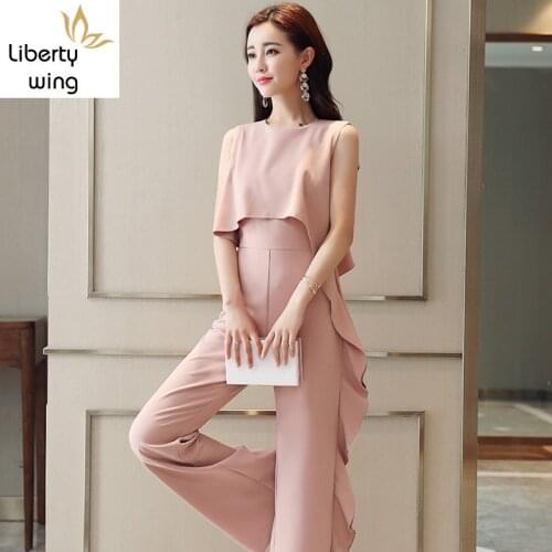 New Summer Sleeveless Jumpsuits Female Work High Waist Chiffon Solid OL Rompers Womens Party Wide Leg Pants Jumpsuit Women Black