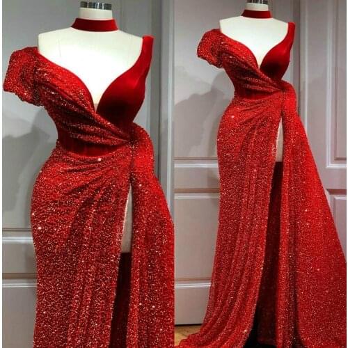 Red Evening Dresses 2020 Off The Shoulder Lace Glitter Bead A Line Formal Prom Gowns High Split Party Dress Plus Size Women Gown