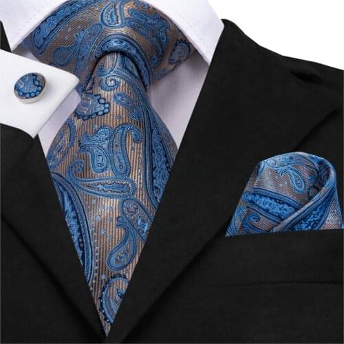 Hi-Tie Men Floral Ties Gray Silk Tie for Wedding Blue Paisley Neck Tie Set Pocket Square Cufflinks Business Tie 150cm SN-3533