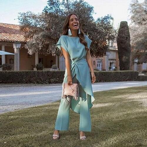 Mint Green Two Pieces Mother of the Bridal Dresses Scoop Neck Cap Sleeve Pleat Wedding Guest Dress Ankle Length Evening Gown
