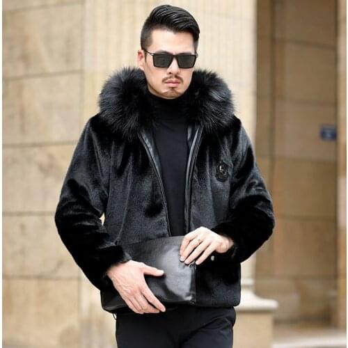 Autumn and winter new fur one mens short hooded whole mink fur mink coat tide fur mens large size leather coat men
