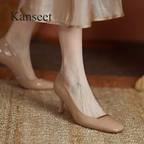 Kanseet 2021 New Women Pumps Spring Autumn Metal Decoration Genuine Leather Shoes Fashion Design Handmade Square Toe High Heels