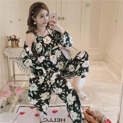 3PCS Sexy Long Sleeve Robes Pajama Sets for Women 2021 New Autumn Print Sleepwear Suit Pyjama Homewear Pijama Mujer Home Clothes