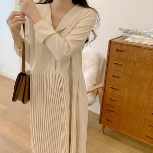 Women Spring Summer Beige Long Pleated Dress Sweet Peter Pan Collar Long Sleeve High Waist Loose Sundress