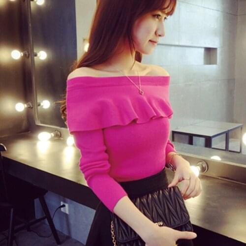 QRWR 2020 Women Sweater Fashion Sexy Slash Neck Long Sleeve Knitted Elegant Ruffles Slim Fit Solid Color Sweater Women