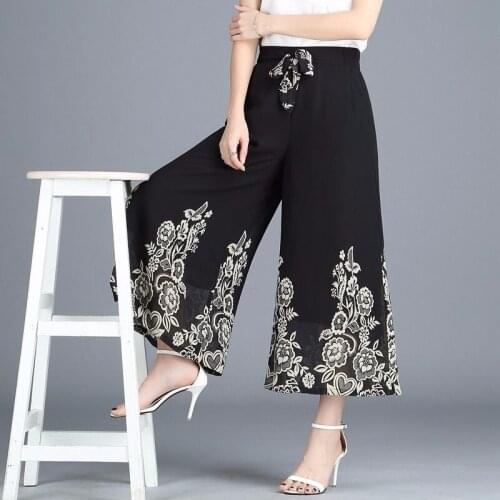 Chiffon Printed Wide Leg Trousers Skirt Pants Womens Summer 2021 New High Waist Loose Ankle-length Pants Thin Pants Women 145