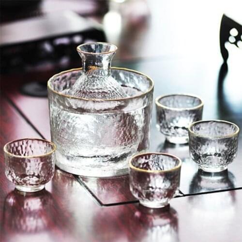 6pcs Japanese Sake Bottle Set Golden Edge Glass Sake Set Rice Wine Glass White Wine Glass Warmer Hot Bottle for Sake Rice Wine