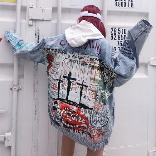 2021 New Harajuku Fashion Women Jacket Denim Jeans Coat Long Sleeves Single-breasted Back Print Modis Femme Streetwear NZY161