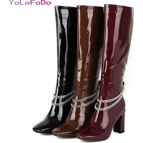 Patent PU Leather Thick High Heel Women Knee High Boots Fashion Square Toe Chain Calf Boots Short Plush Winter Women Boots