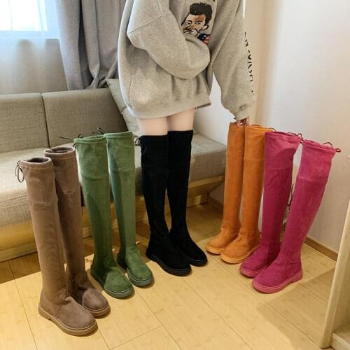 Fashion Over The Knee Women Stretch Orange Green Pink Boots 2019 New Winter Boots Women Slip On Platform Rubber Boots Black Boot