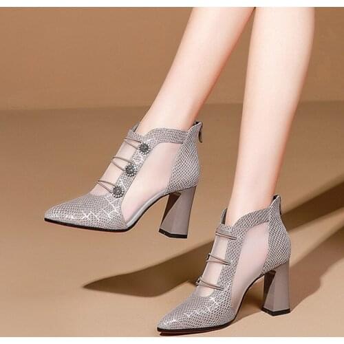 SONDR Mesh Boots Womens Shoes Ankle Sandals Boots 2021 Summer Square MID Heel Back Zip Soft LEATHER Female Footwear