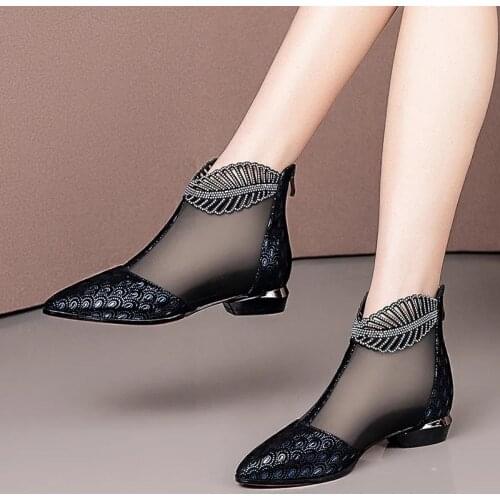 Black Sexy Rhinestone Mesh Breathable Women Low Heels High Quality Comfortable Pointed Top Zipper Office Shoes Retro Moms Shoes