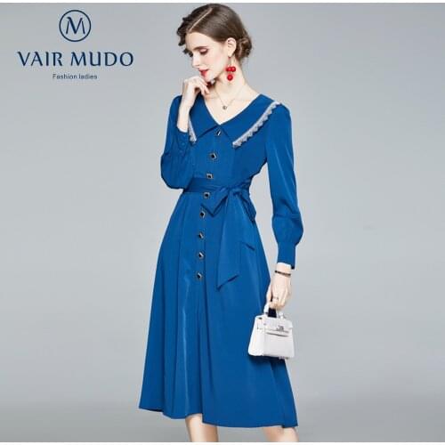 VAIR MUDO Spring Autumn Dress French Retro Waist Long Dress Elegant Blue V-Neck Casual Fashion Women Solid Temperament Y-16