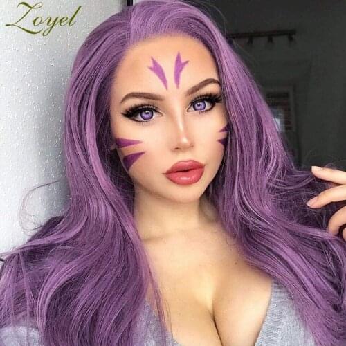 Zoyel Long Body Wave Hair Purple Synthetic Lace Front Wig For Women Side Part Heat Resistant Fiber Hair Cosplay Party Wigs