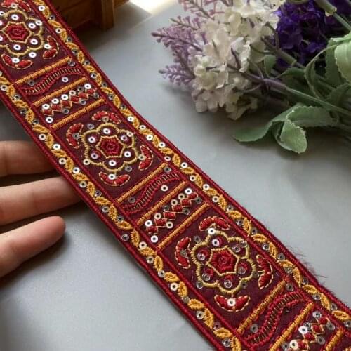 1 Yards Red 50mm Ethnic Gold Thread Sequins Webbing Ribbon Tape Shoes Dress Embroidered Lace Trims DIY Sewing Accessorie