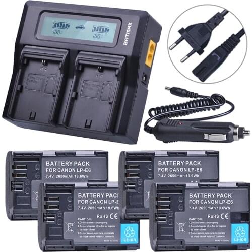 2650mah LPE6 LP-E6 4pcs Battery + LCD Rapid Dual Charger for Canon EOS 5DS R 5D Mark II 5D Mark III 6D 7D 80D EOS 5DS R Camera