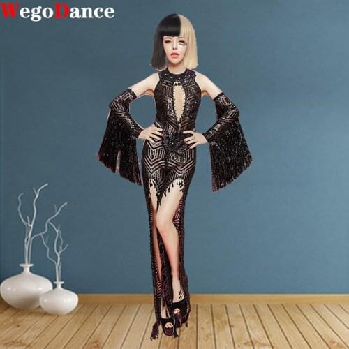 Tassel Rhinestones Fringe Shirt Long Skirt Suit Bar Bikini Costume Women Dance Outfit Set Prom Wear