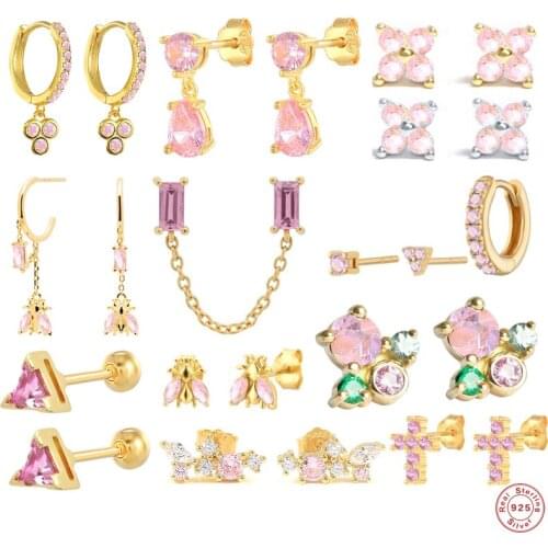 BOAKO 925 Sterling Silver Pink Zircon CZ Series Stud Earrings Crystal Sakura Flower Cross Bee Ear Stud Jewelry For Women Girls