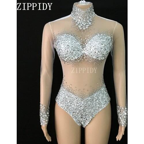 6 Colors Stones See Through Bodysuit long Sleeves Stretch Sexy Perspective Performance Celebrate luxurious Dance outfit