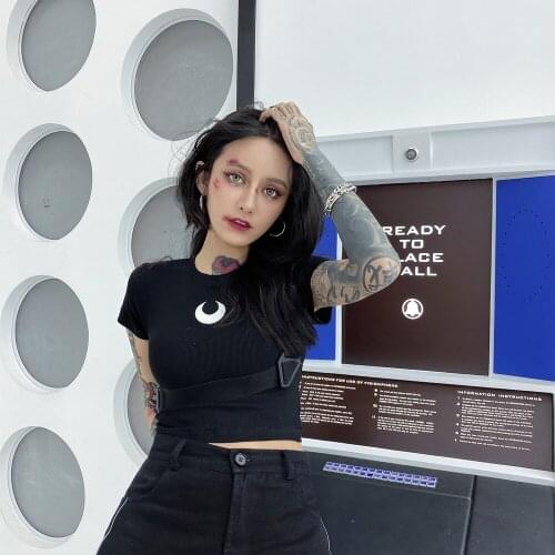 Ruibbit New Arrival Summer Harajuku Black White Pink T-Shirts Moon Printed Short Sleeve Women T Shirt Slim Tshirt Tops Tee