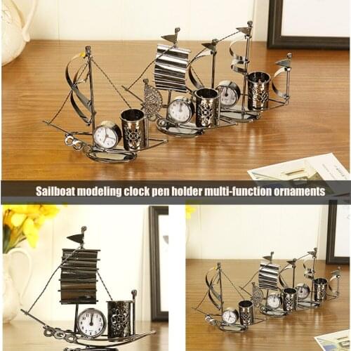 Multi-functional Alarm Clock Sailboat Shaped Pen Holder Ornament for Living Room