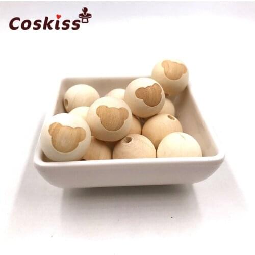 Round Necklace Printed Wooden Beads Bear Pentagram Crown Pattern Unfinished Baby Teether Wooden Elephant Teething Beads