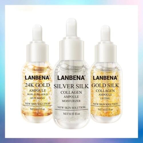 LANBENA 24K Gold+Silver Silk +Gold Silk Collagen Ampoule Serum Anti-Aging Lighten Spots Moisturizing Whitening Firming Skin Care