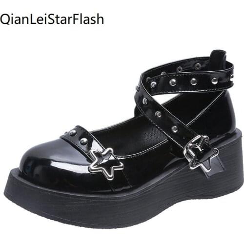 Lolita Shoes Star Buckle Mary Janes Shoes Women Platform Loafers Patent Leather Ladies Ballet Flats Rivet Casual Shoes