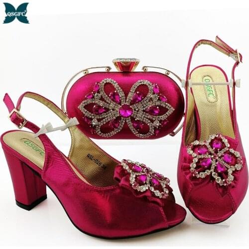 2020 Italian design Match Shoes and Bag Set Fuchsia Color Italy Shoe and Bag Set Decorated with Rhinestone African Women Italian