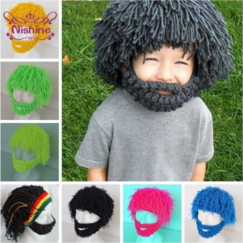 Nishine Children Wig Beard Hats Knit Kids Boy Mustache Mask Halloween Party Newborn Caps Tassel Warm Infant Bonnet Photo Props