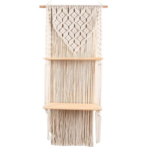2021 Newest Boho Hand-Woven Macrame Hanging Planter Basket Wooden Shelves Bohemian Style Wall Hanging Tapestry Home Room Decor