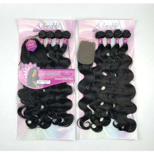 Adorable Full Packet Solution Synthetic Hair Bundles With Free Machine Made 4*4 Lace Closure 24Inch Black Amazing Body Wave 4pcs