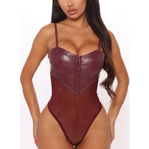 Sexy PU Leather Bodysuits Womens Mesh Patchwork Jumpsuits Sleeveless Push Up Body Tops Latex Clubwear Rompers Streetwear