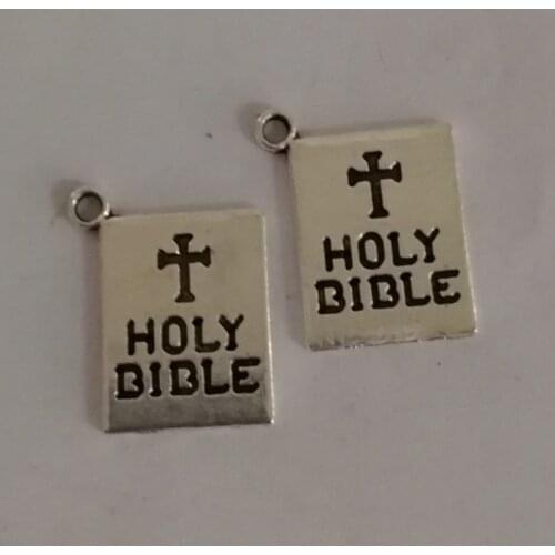 2018 Hot selling 10 Pieces/Lot 15*20mm tibetan silver letter printed HOLY BIBLE cross massage pendant charms for jewelry making