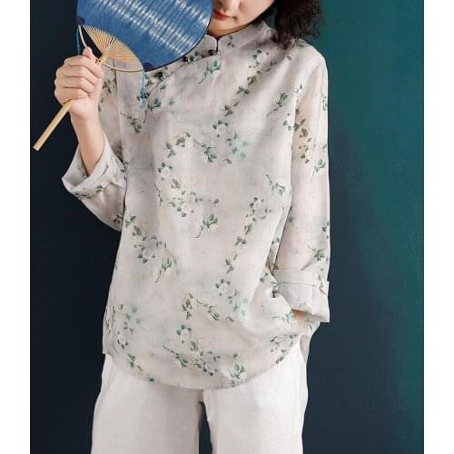 Spring New Classical White Camellia Flowers Print Pure Ramie Linen Shirt, Summer Thin With Lining Chinese Young Lady Top Shirts