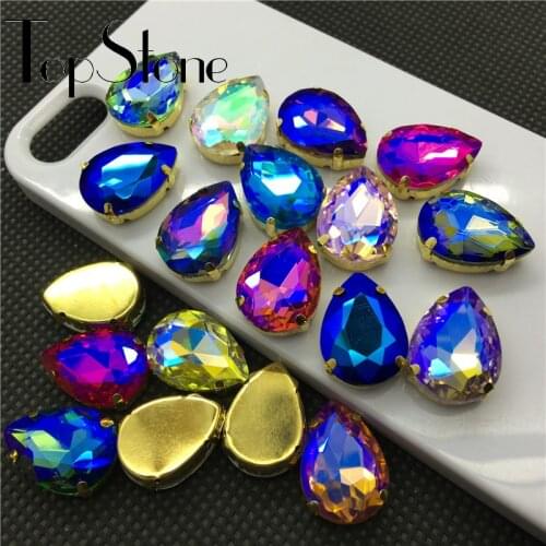 Teardrop Glass Sewing On Rhinestone Colors AB Droplet Pointback Crystal Fancy Stones in Gold Claw Setting for Dress Making