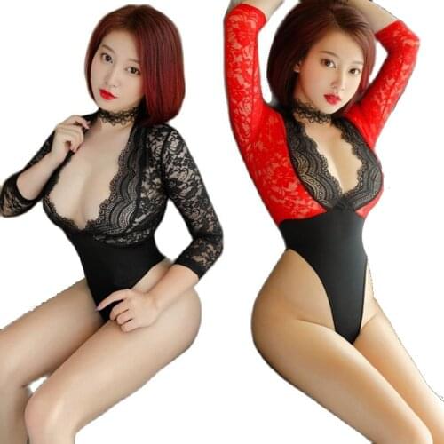 Deep V-neck High Cut Thong Three Quarter Sleeve Lace Bodysuit Sexy See Through Sheer Cosplay Swimsuit Body Push Up Bodystocking