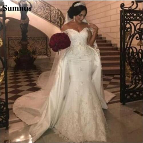 Sumnus Elegant Off Shoulder Mermaid Wedding Dresses With Detachable Train Lace Appliqued Satin Plus Size African Bridal Gown