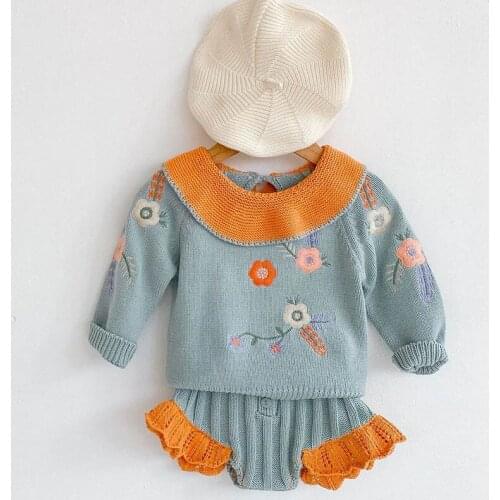 Toddler Baby Girls Clothing Set Embroidered Ruffle Collar Knitted Sweater Pullover+Shorts Autumn Winter Infant Baby Clothes