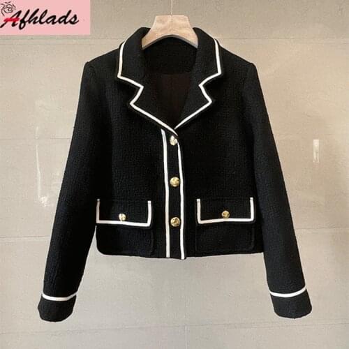 Autumn New Product Patchwork Color Outerwear Tweed Small Fragrant Black Turn-Down Collar Jacket Female Long Sleeve Coats