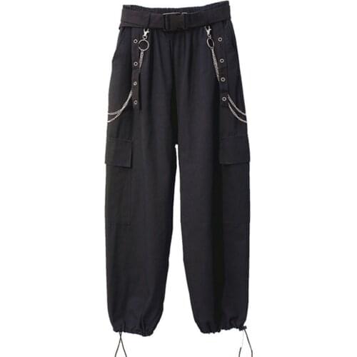Vintage Stylish Chain Pockets Pants Women 2020 Fashion Elastic Waist Drawstring Tie Ankle Trousers Pantalones Mujer