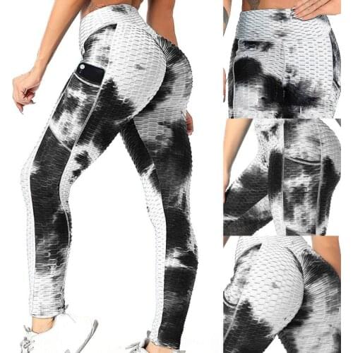 Womens High Waist Tie-Dye Pocket Yoga Pants Ruched Scrunch Butt Lifting Workout Leggings Tummy Control Textured Stretchy Q39C