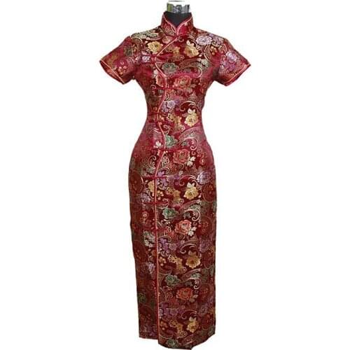 Burgundy Traditional Chinese Clothings Womens Satin Long Cheongsam Vestido mujer Qipao Dress Flower Size S M L XL XXL XXXL J0028