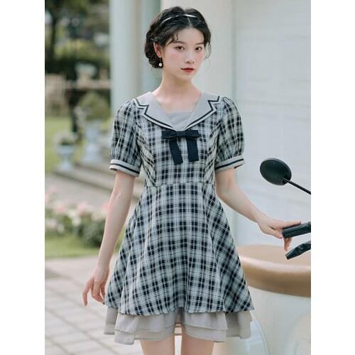 Summer New Womens Japanese College Style Girl Plaid Slim Waist Puff Sleeve Dress Bow Tie Navy Collar Retro Literary Mini Dress