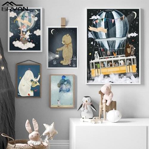 Animals Hot Air Balloon Bus Print Poster Nursery Wall Art Bear Elephant Giraffe Owl Fox Painting Kids Baby Room Cartoon Pictures