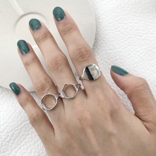 1pc Authentic S925 Sterling Silver Fine Jewelry Lucky Geometric open Circle /Hexagon adjust rings J311