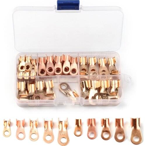 70pcs OT Open Ring-Type Cable Wire Connector Non-insulated Bare Terminal Copper Lugs Crimp Terminals Kit 10A/20A/30A/40A/50A